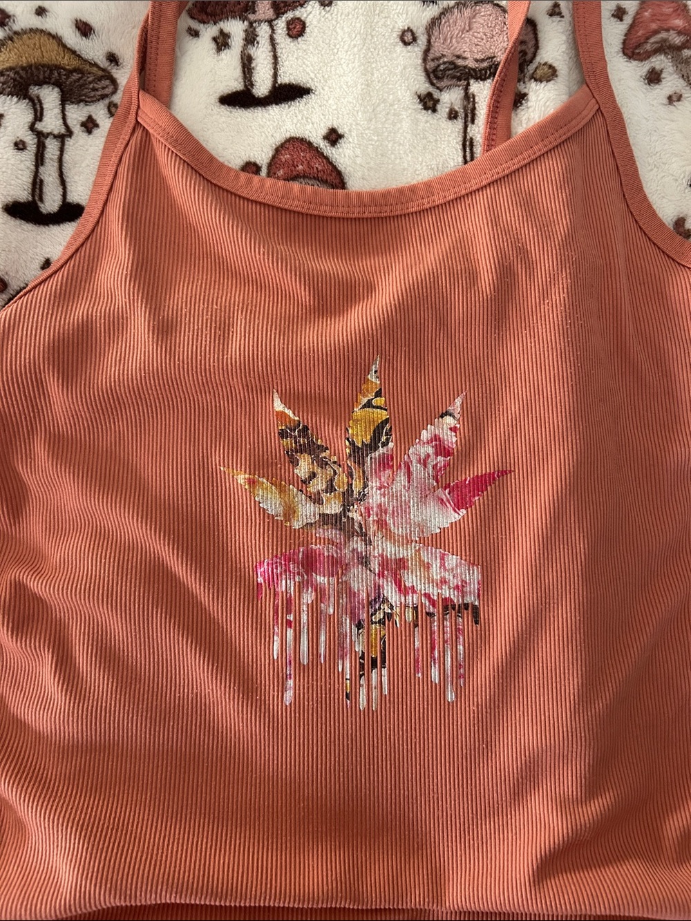 No Boundaries Rust Ribbed Spaghetti-Strap Tank with Floral Leaf Graphic